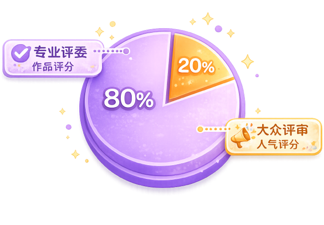 专业评委作品评分80%，大众评审人气评分20%